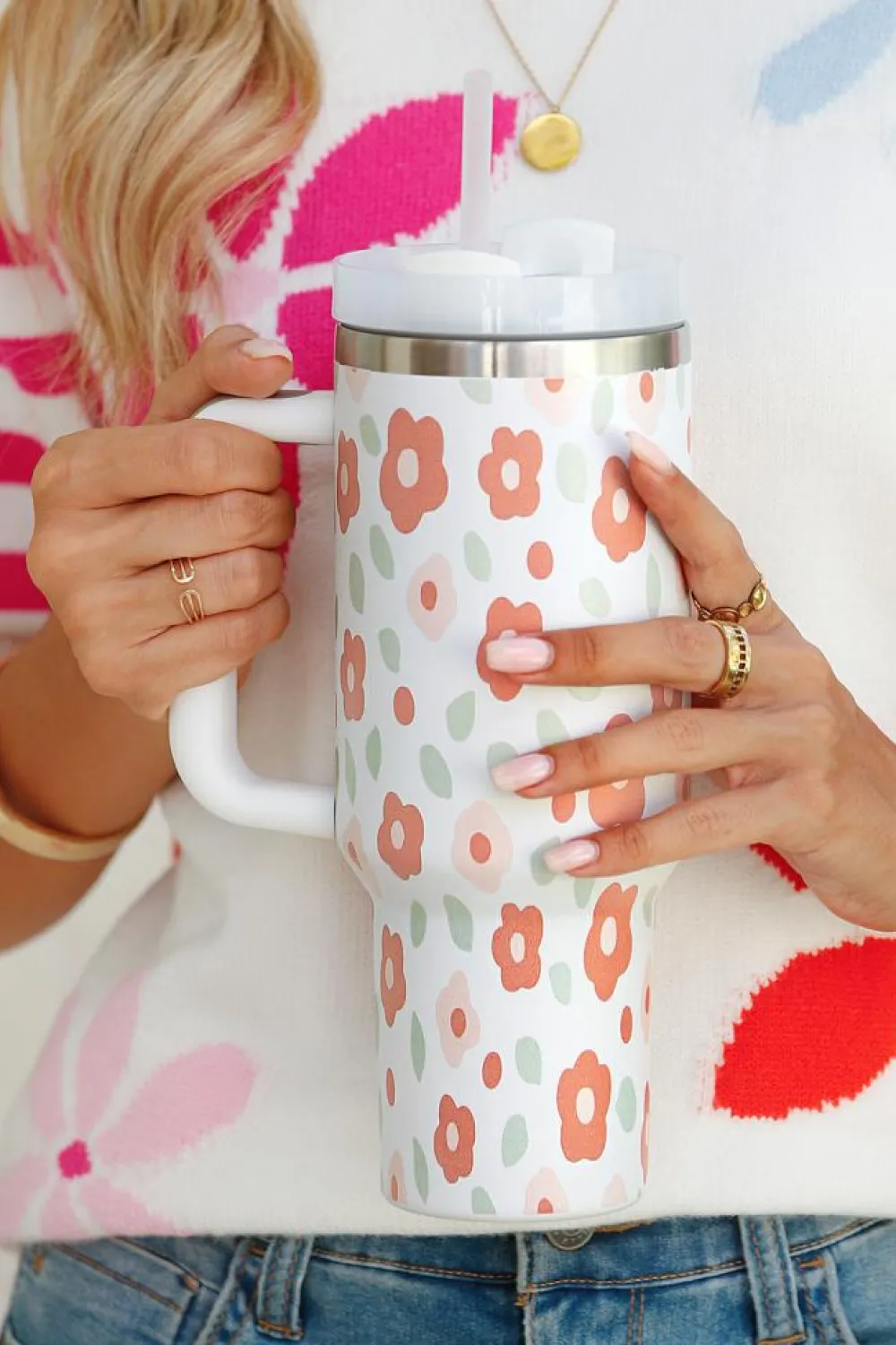 Outlet Dear-Lover Floral Leaves Print Stainless Large Portable Cup 40oz White