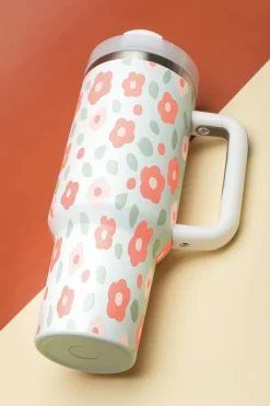 Outlet Dear-Lover Floral Leaves Print Stainless Large Portable Cup 40oz White