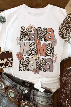 New Dear-Lover Floral Leopard MaMa Graphic Mothers Day T Shirt White