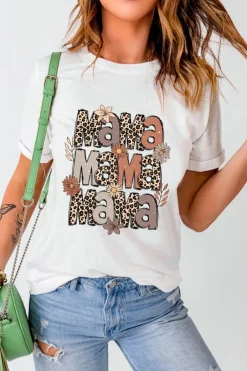 New Dear-Lover Floral Leopard MaMa Graphic Mothers Day T Shirt White