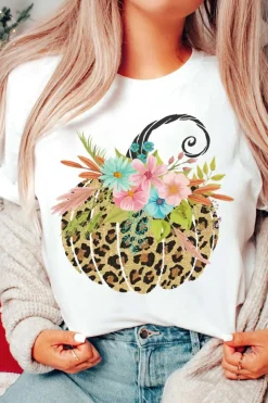 Best Dear-Lover Floral Leopard Pumpkin Graphic Halloween T Shirt White