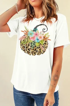 Best Dear-Lover Floral Leopard Pumpkin Graphic Halloween T Shirt White