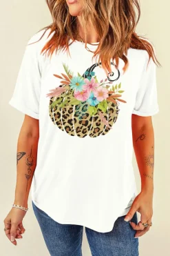 Best Dear-Lover Floral Leopard Pumpkin Graphic Halloween T Shirt White