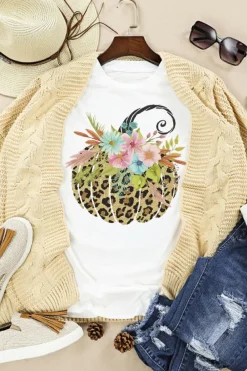 Best Dear-Lover Floral Leopard Pumpkin Graphic Halloween T Shirt White