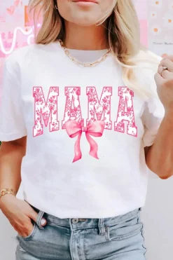 Best Dear-Lover Floral MAMA Lettering Bow Printed T Shirt White