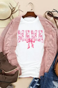 Best Dear-Lover Floral MAMA Lettering Bow Printed T Shirt White