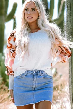 New Dear-Lover Floral Patch Bishop Sleeve Sweater White