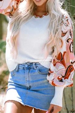 New Dear-Lover Floral Patch Bishop Sleeve Sweater White