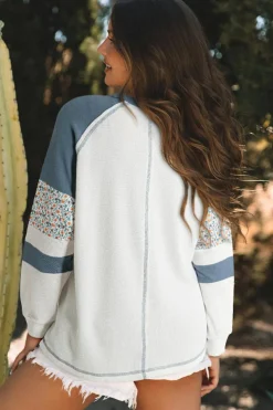 Online Dear-Lover Floral Patchwork Waffle Knit Raglan Top White