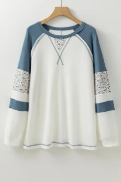Online Dear-Lover Floral Patchwork Waffle Knit Raglan Top White