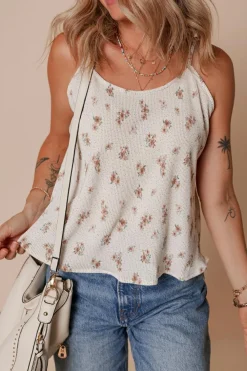 New Dear-Lover Floral Pleated Big Bow Back Spaghetti Straps Tank Top White