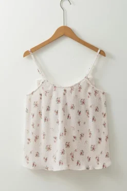 New Dear-Lover Floral Pleated Big Bow Back Spaghetti Straps Tank Top White