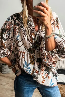 Discount Dear-Lover Floral Print Balloon Sleeves Button Up Loose Casual Shirt White