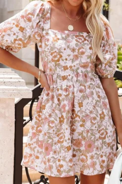 Outlet Dear-Lover Floral Print Bow Knot Backless Square Neck Mini Dress White