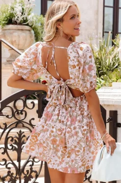 Outlet Dear-Lover Floral Print Bow Knot Backless Square Neck Mini Dress White