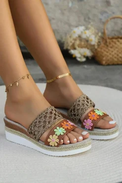 Hot Dear-Lover Floral Print Braided Details Wedge Slippers White