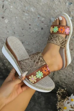Hot Dear-Lover Floral Print Braided Details Wedge Slippers White