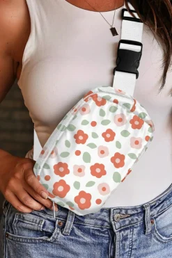 New Dear-Lover Floral Print Buckle Wide Belt Zipper Crossbody Bag White