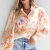New Dear-Lover Floral Print Collared Balloon Sleeve Loose Shirt White