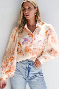 New Dear-Lover Floral Print Collared Balloon Sleeve Loose Shirt White