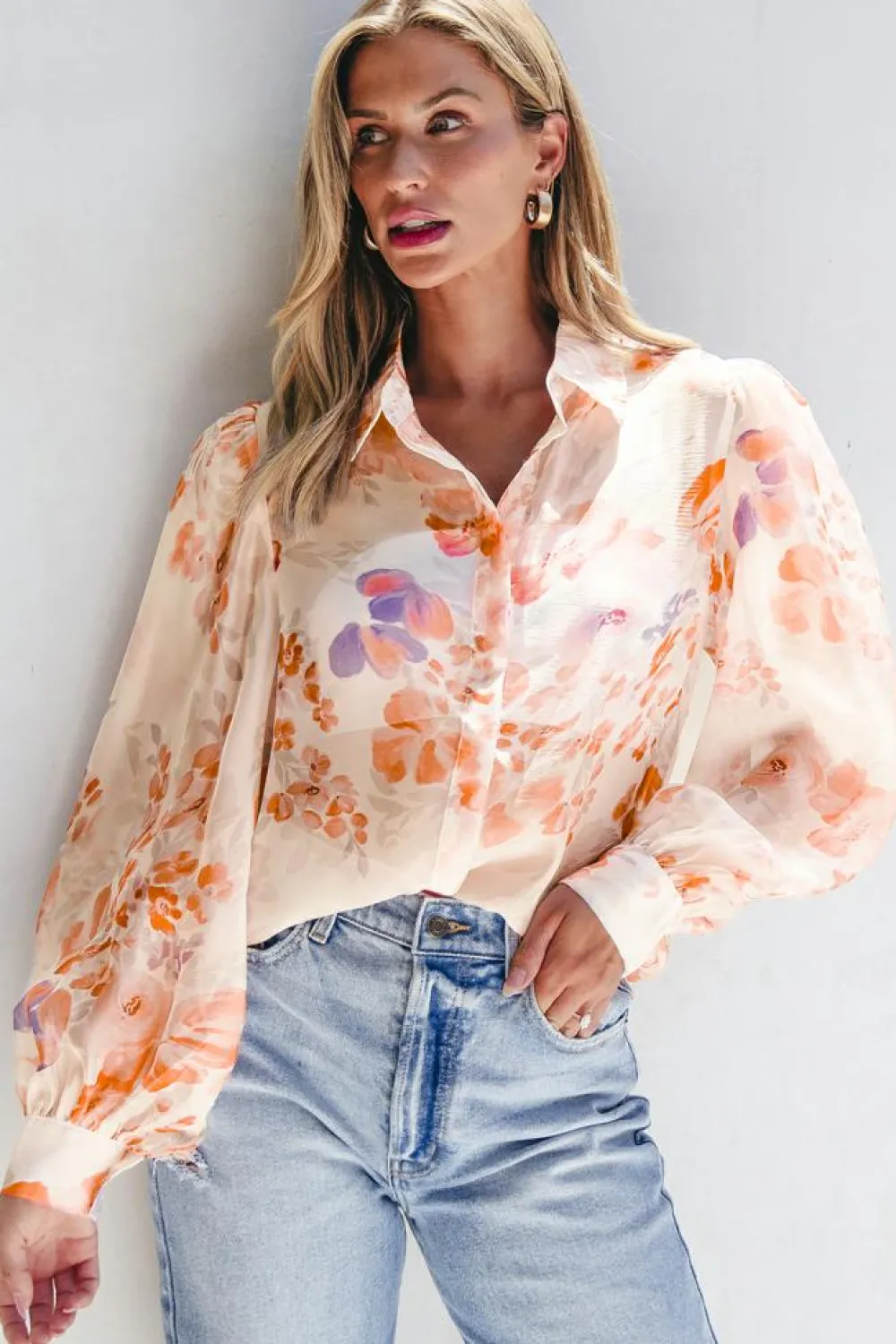 New Dear-Lover Floral Print Collared Balloon Sleeve Loose Shirt White