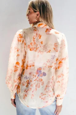 New Dear-Lover Floral Print Collared Balloon Sleeve Loose Shirt White