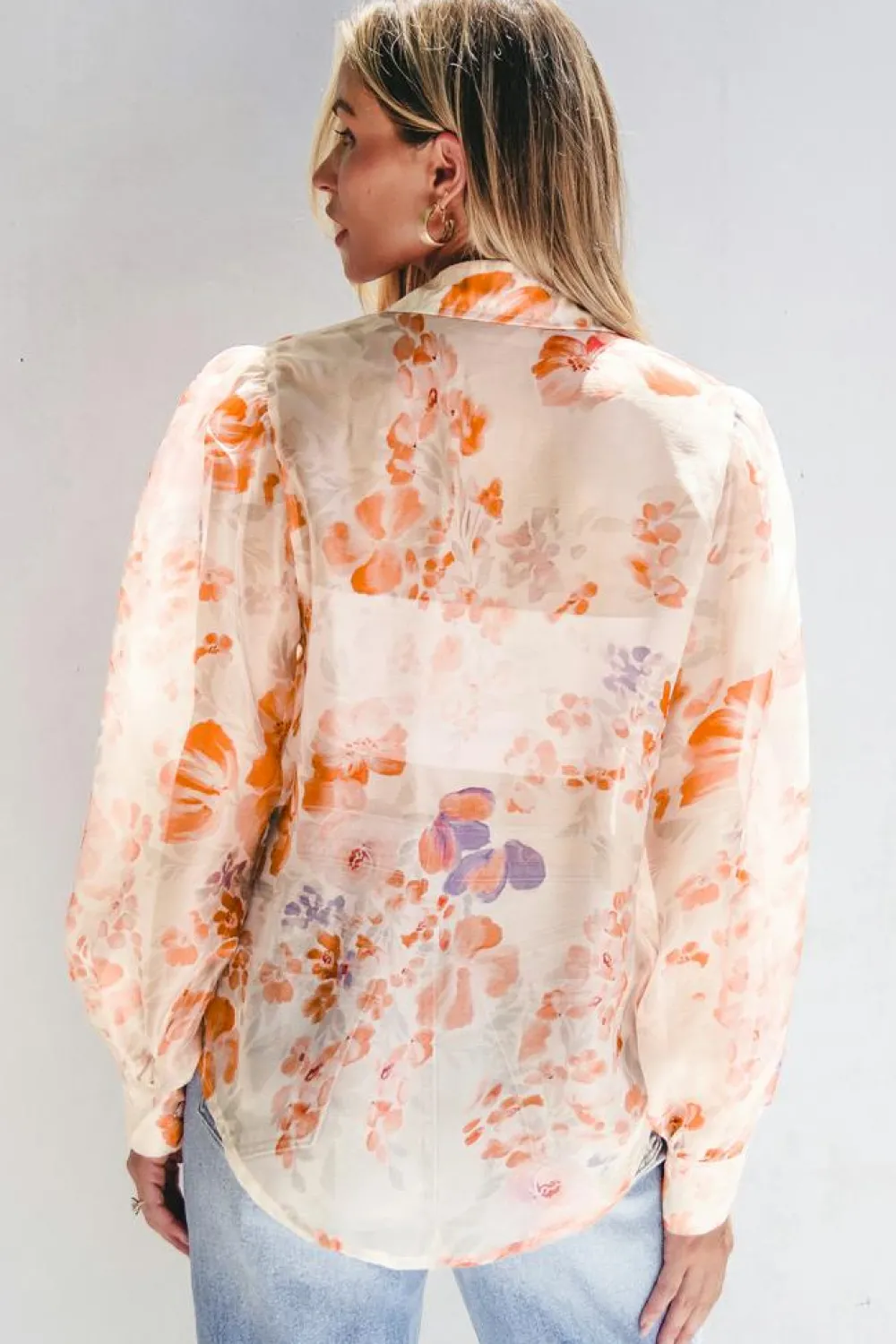 New Dear-Lover Floral Print Collared Balloon Sleeve Loose Shirt White