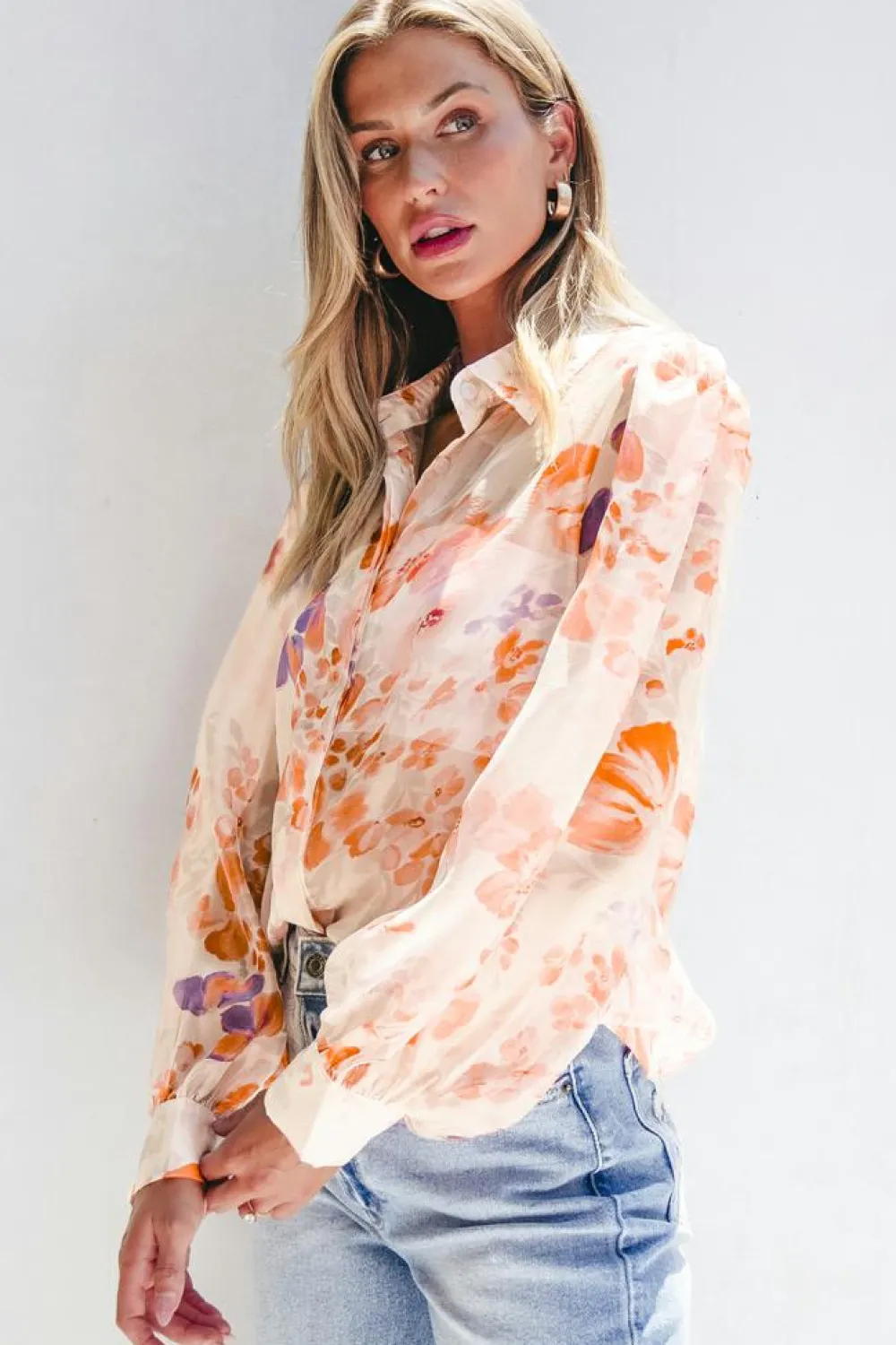 New Dear-Lover Floral Print Collared Balloon Sleeve Loose Shirt White