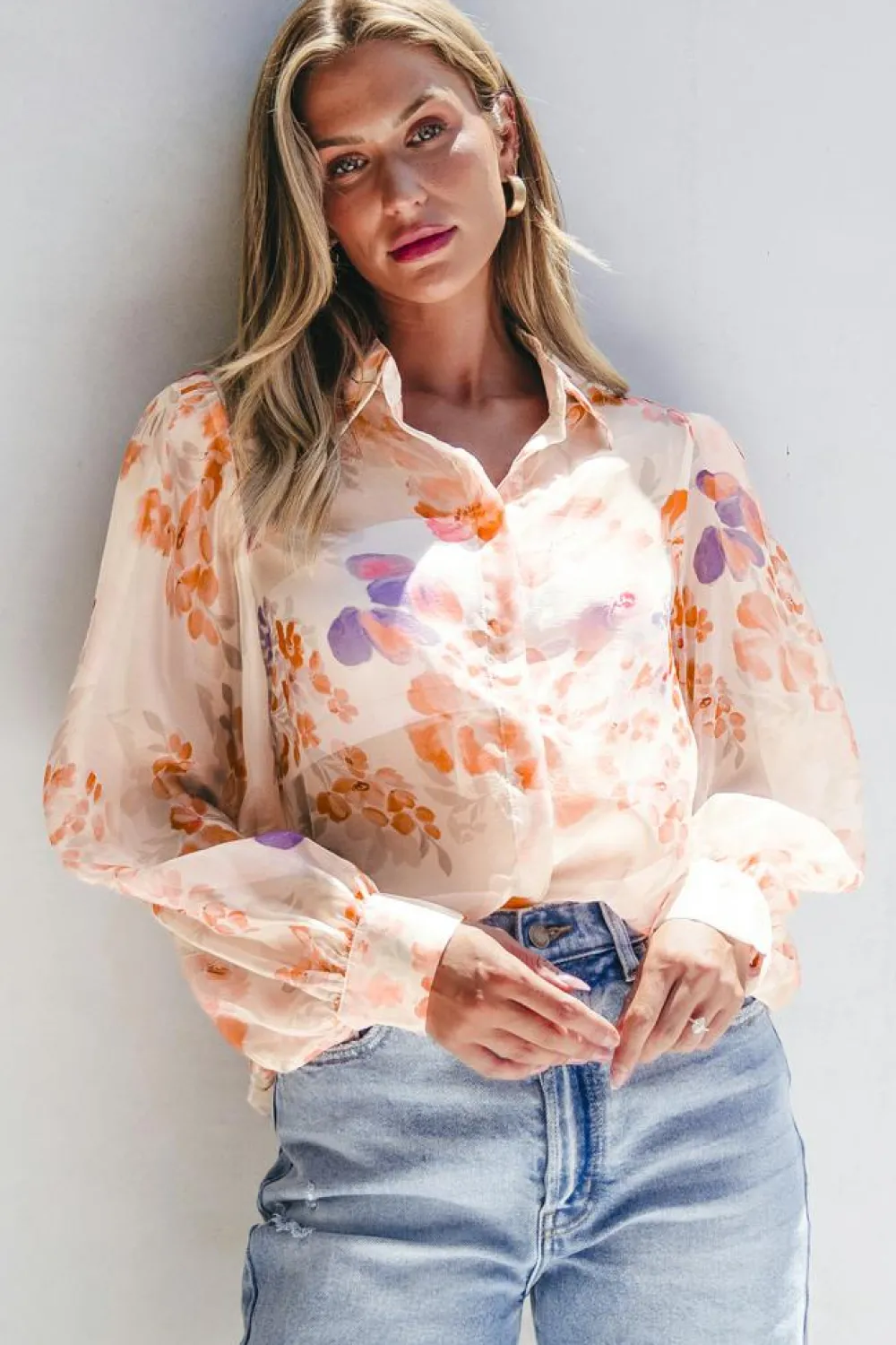 New Dear-Lover Floral Print Collared Balloon Sleeve Loose Shirt White