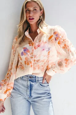 New Dear-Lover Floral Print Collared Balloon Sleeve Loose Shirt White