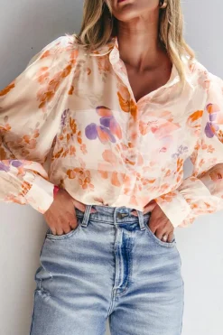 New Dear-Lover Floral Print Collared Balloon Sleeve Loose Shirt White