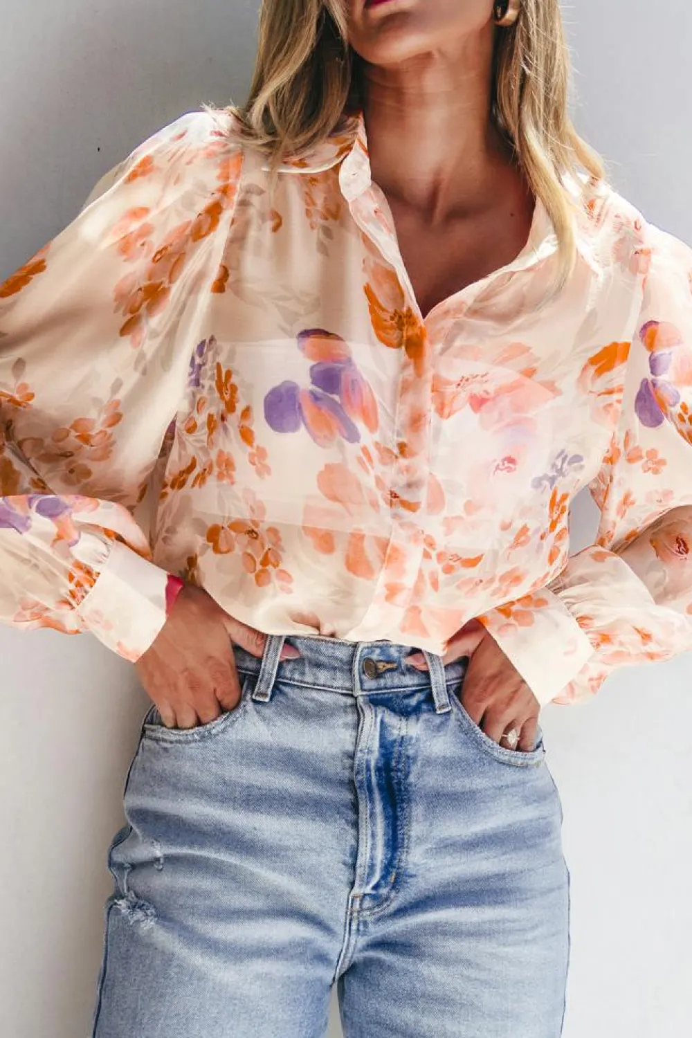 New Dear-Lover Floral Print Collared Balloon Sleeve Loose Shirt White