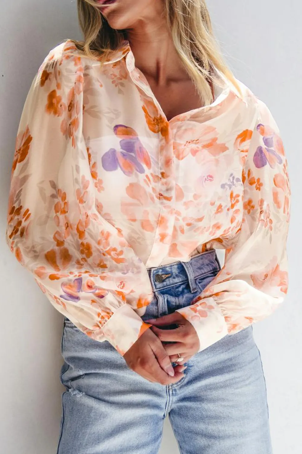 New Dear-Lover Floral Print Collared Balloon Sleeve Loose Shirt White