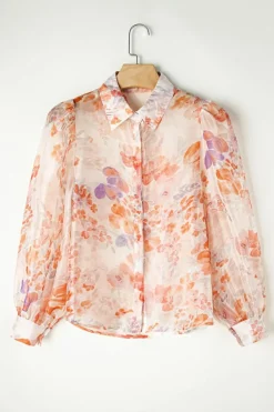 New Dear-Lover Floral Print Collared Balloon Sleeve Loose Shirt White