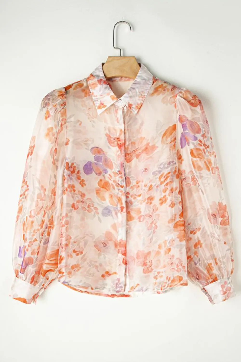 New Dear-Lover Floral Print Collared Balloon Sleeve Loose Shirt White