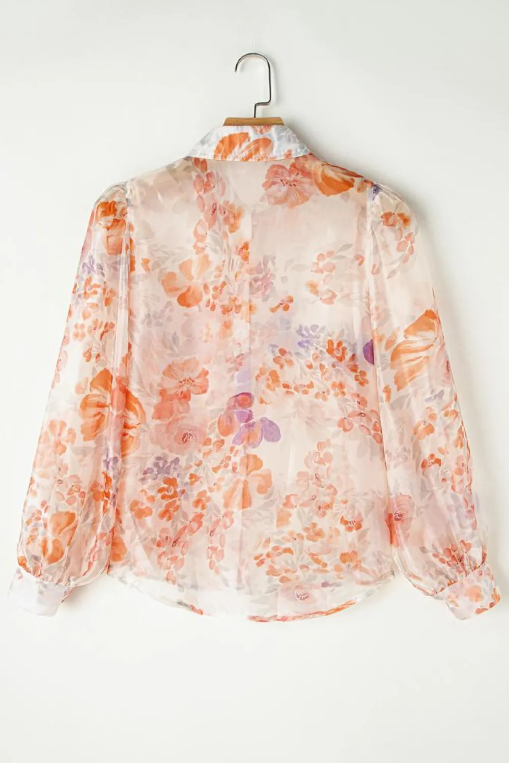 New Dear-Lover Floral Print Collared Balloon Sleeve Loose Shirt White