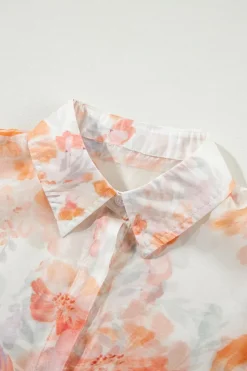New Dear-Lover Floral Print Collared Balloon Sleeve Loose Shirt White