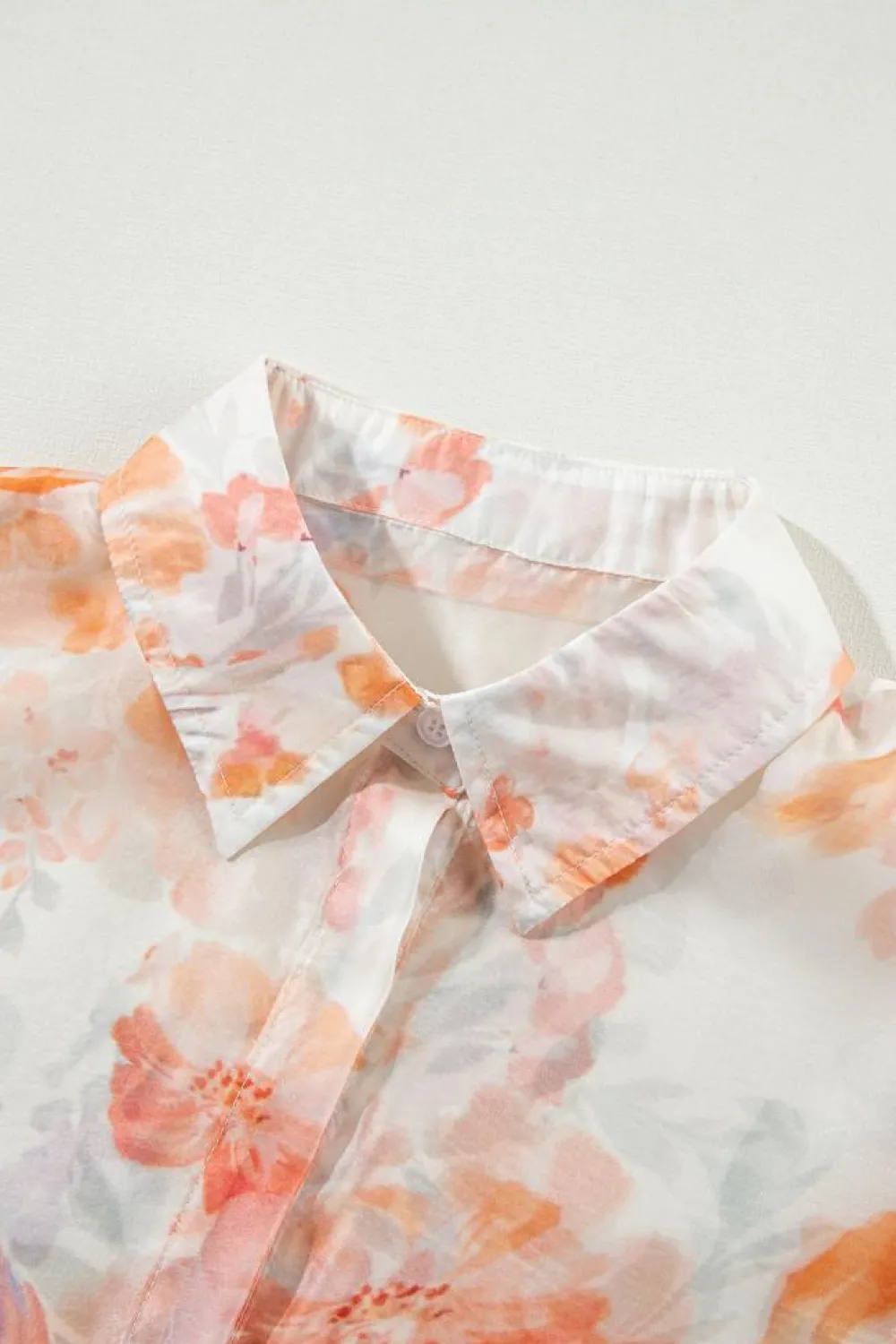 New Dear-Lover Floral Print Collared Balloon Sleeve Loose Shirt White