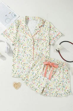 Fashion Dear-Lover Floral Print Contrast Pipping Short Pajamas Set White