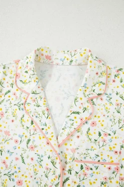 Fashion Dear-Lover Floral Print Contrast Pipping Short Pajamas Set White