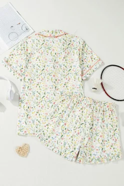 Fashion Dear-Lover Floral Print Contrast Pipping Short Pajamas Set White