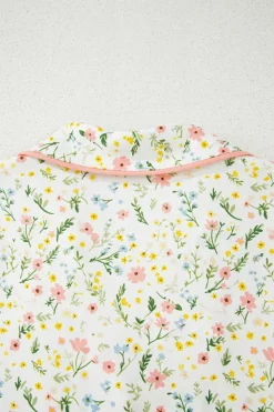 Fashion Dear-Lover Floral Print Contrast Pipping Short Pajamas Set White