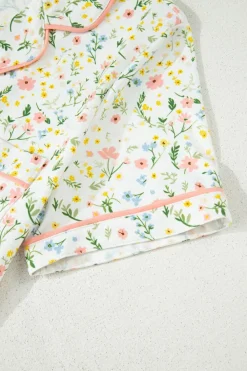Fashion Dear-Lover Floral Print Contrast Pipping Short Pajamas Set White