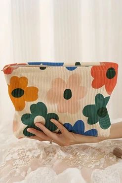 Hot Dear-Lover Floral Print Corduroy Minimalist Storage Bag White