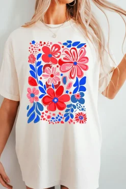 Hot Dear-Lover Floral Print Half Sleeve Round Neck Oversized Tee White