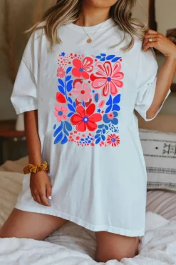 Hot Dear-Lover Floral Print Half Sleeve Round Neck Oversized Tee White