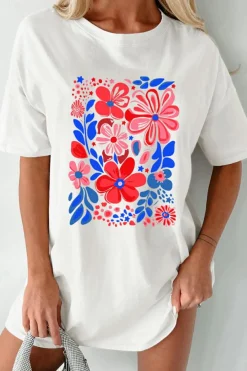 Hot Dear-Lover Floral Print Half Sleeve Round Neck Oversized Tee White