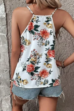 Sale Dear-Lover Floral Print Lace V Neck Tank Top White