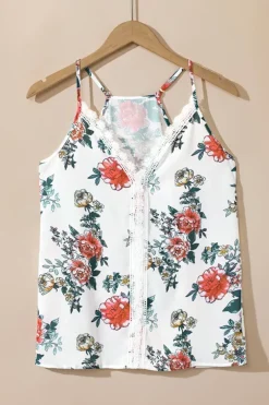 Sale Dear-Lover Floral Print Lace V Neck Tank Top White