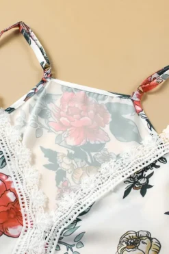 Sale Dear-Lover Floral Print Lace V Neck Tank Top White